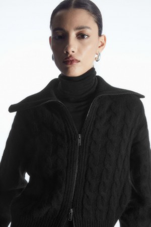 Dámské Bundy COS Cable-Knit Vlna Zip-Up Černé | YUVD-38495