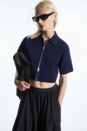 Dámské Bundy COS Krátké-Sleeved Cropped Pletené Tmavě Blankyt | JXRH-58701
