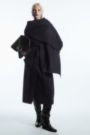 Dámské Kabáty COS Oversized Pinstriped Vlna Scarf Tmavě Blankyt | HVKT-64250
