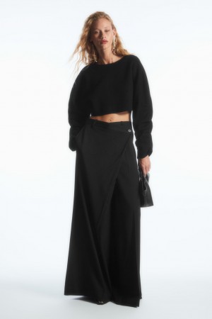 Dámské Kalhoty COS Wrap-Front Široké-Leg Vlna Černé | ETZS-03976