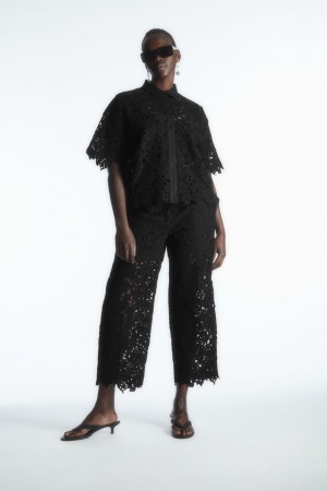 Dámské Košile COS Krátké-Sleeved Broderie Anglaise Černé | OAJH-06187