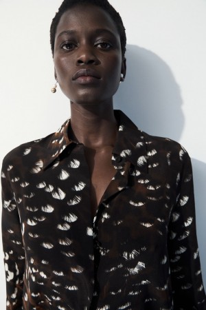Dámské Košile COS The Feather-Print Silk Černé | LSVZ-05298