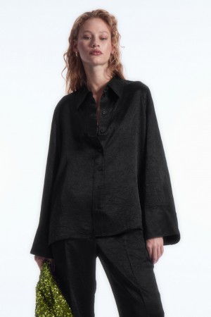 Dámské Košile COS Široké-Sleeve Crinkled-Satin Černé | AIHD-08236