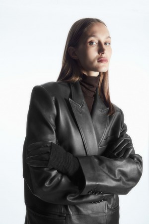 Dámské Rukavice COS Layered Læder Černé | TCPA-91468