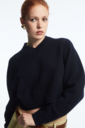 Dámské Svetry COS Cropped V-Neck Vlna Tmavě Blankyt | RQTS-96085
