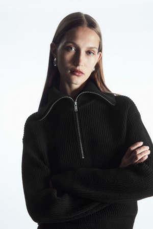 Dámské Svetry COS Vlna And Bavlněné Half-Zip Černé | ONBL-28743