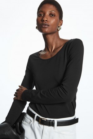 Dámské Topy COS Scoop-Neck Long-Sleeved Černé | HTZY-59837