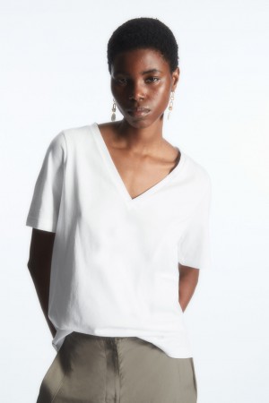 Dámské Tričko COS V-Neck Bílé | EWPZ-75462