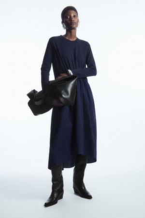 Dámské Šaty COS Asymmetric Gathered-Pasem Midi Tmavě Blankyt | QJBG-38072