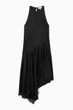 Dámské Šaty COS Asymmetric Krajkové-Trimmed Satin Černé | FNDP-72154