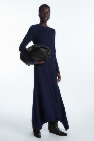 Dámské Šaty COS Handkerchief-Hem Merino Vlna Midi Tmavě Blankyt | BVZU-60491
