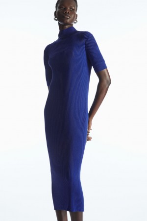 Dámské Šaty COS High-Neck Žebrovaný Silk Světle Blankyt | CGTH-07143