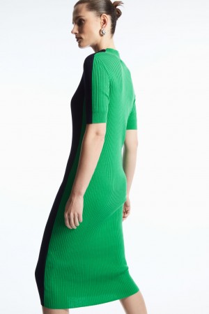 Dámské Šaty COS High-Neck Žebrovaný Silk Tmavě Blankyt Světle Zelene | PWAD-49032