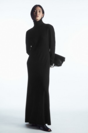 Dámské Šaty COS Power-Shoulder Merino Vlna Maxi Černé | YJNP-49681