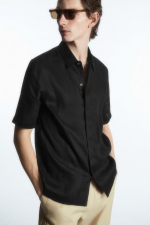 Pánské Košile COS Krátké-Sleeved Linen Černé | PYOW-42670