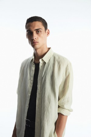 Pánské Košile COS Long-Sleeved Pruhovaný Linen Zelene Krém | IBLM-90651