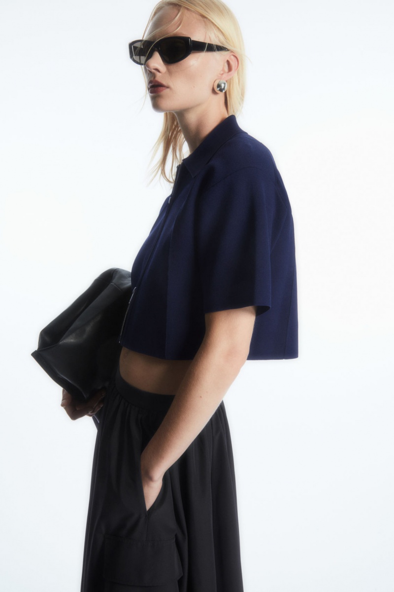 Dámské Bundy COS Krátké-Sleeved Cropped Pletené Tmavě Blankyt | JXRH-58701