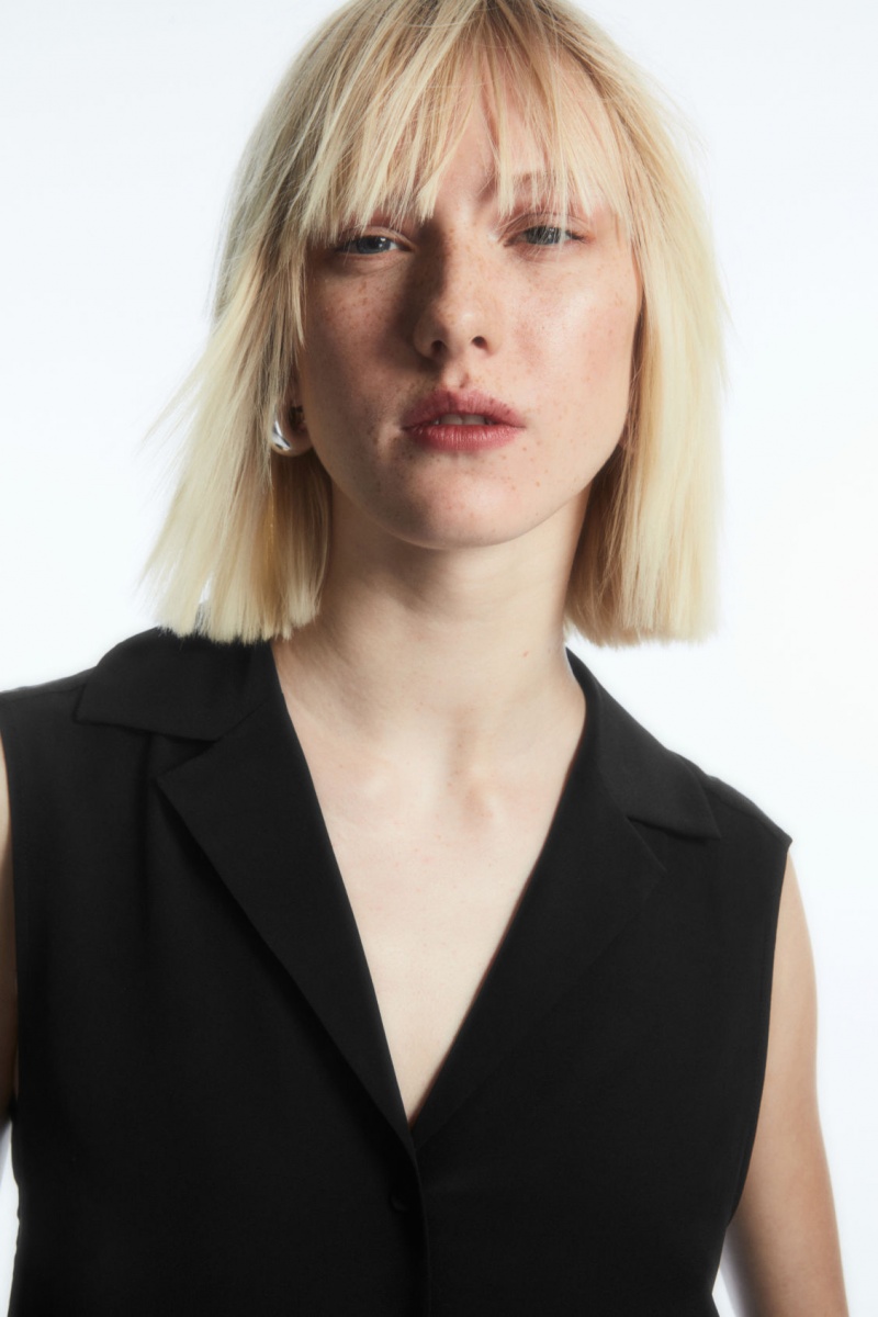 Dámské Halenka COS Bez Rukávů Camp-Collar Pure Silk Černé | XBKH-25134