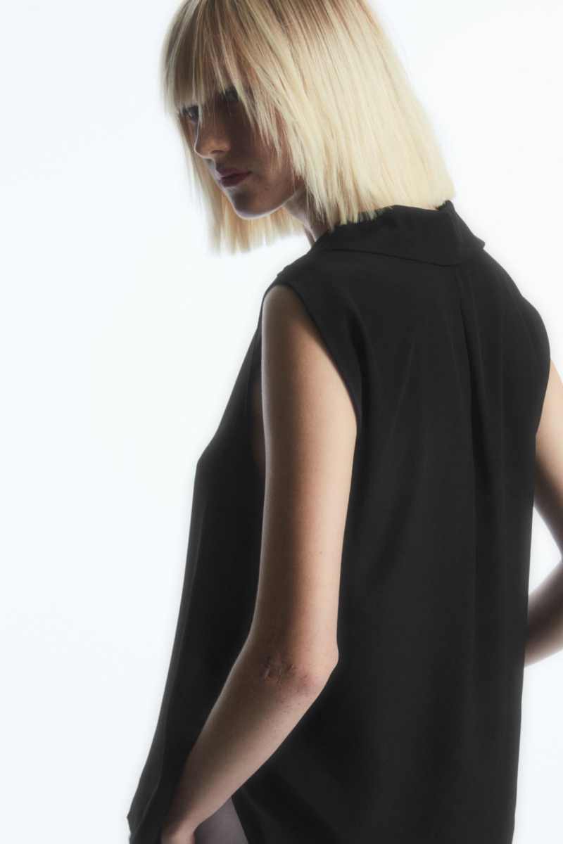 Dámské Halenka COS Bez Rukávů Camp-Collar Pure Silk Černé | XBKH-25134
