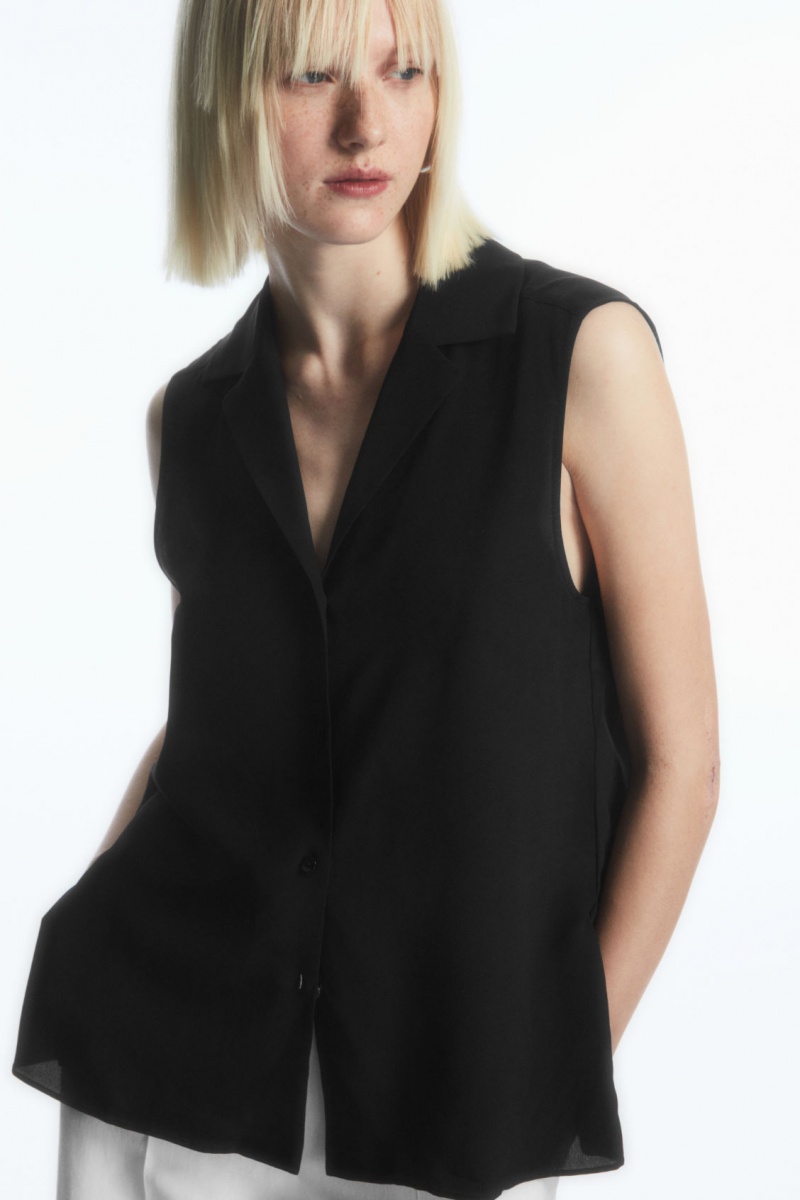 Dámské Halenka COS Bez Rukávů Camp-Collar Pure Silk Černé | XBKH-25134