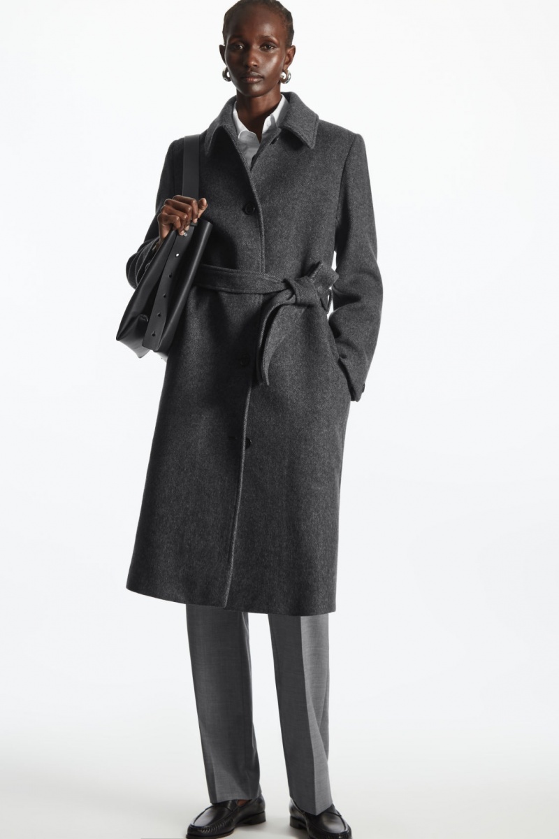 Dámské Kabáty COS Belted Herringbone Vlna Tmavě Šedé | NHME-10497