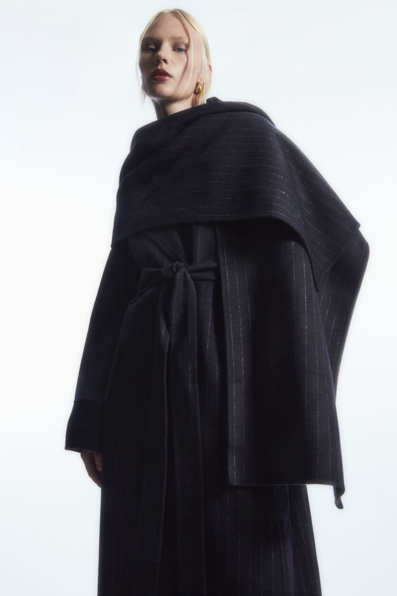 Dámské Kabáty COS Oversized Pinstriped Vlna Scarf Tmavě Blankyt | HVKT-64250