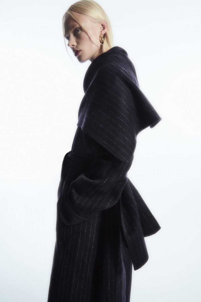 Dámské Kabáty COS Oversized Pinstriped Vlna Scarf Tmavě Blankyt | HVKT-64250