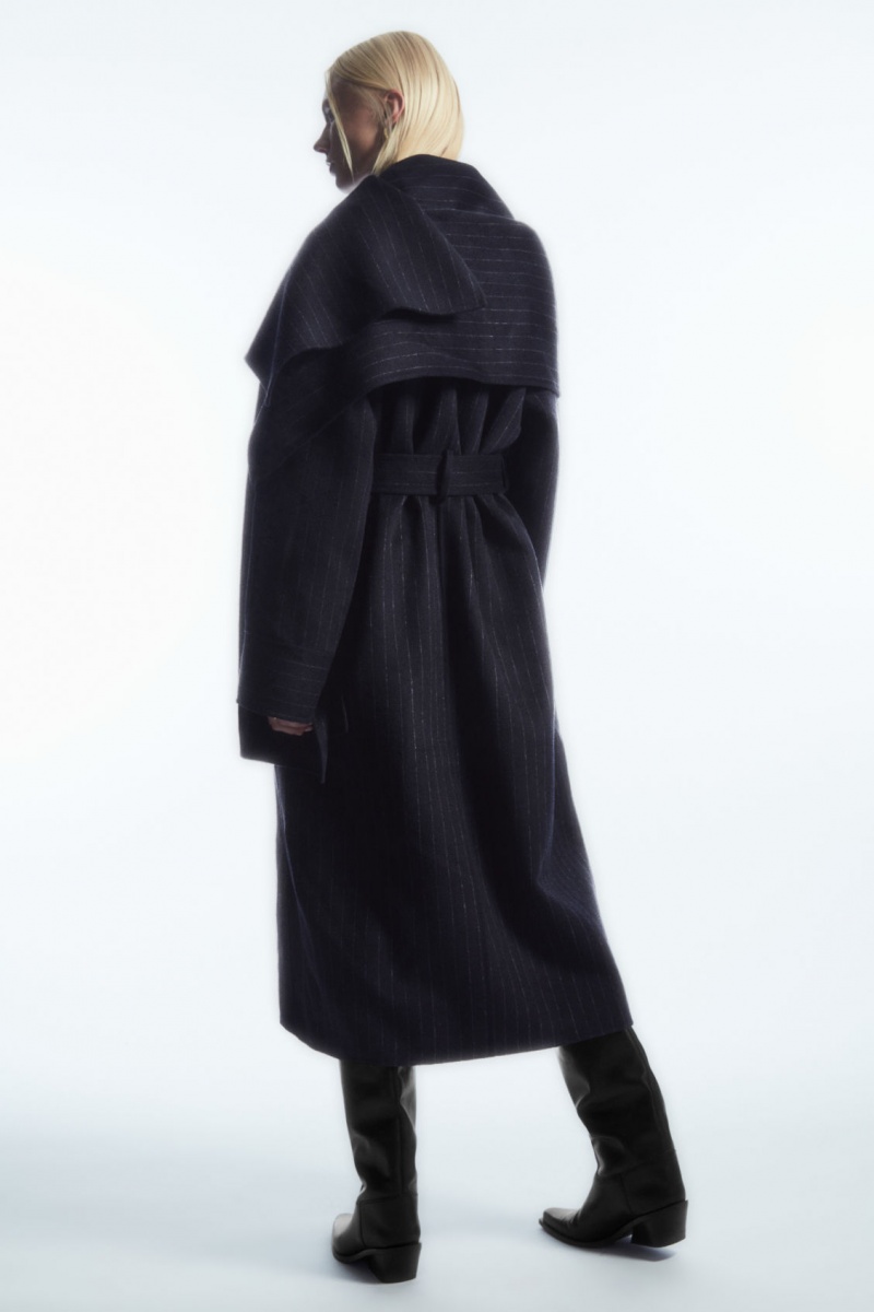 Dámské Kabáty COS Oversized Pinstriped Vlna Scarf Tmavě Blankyt | HVKT-64250