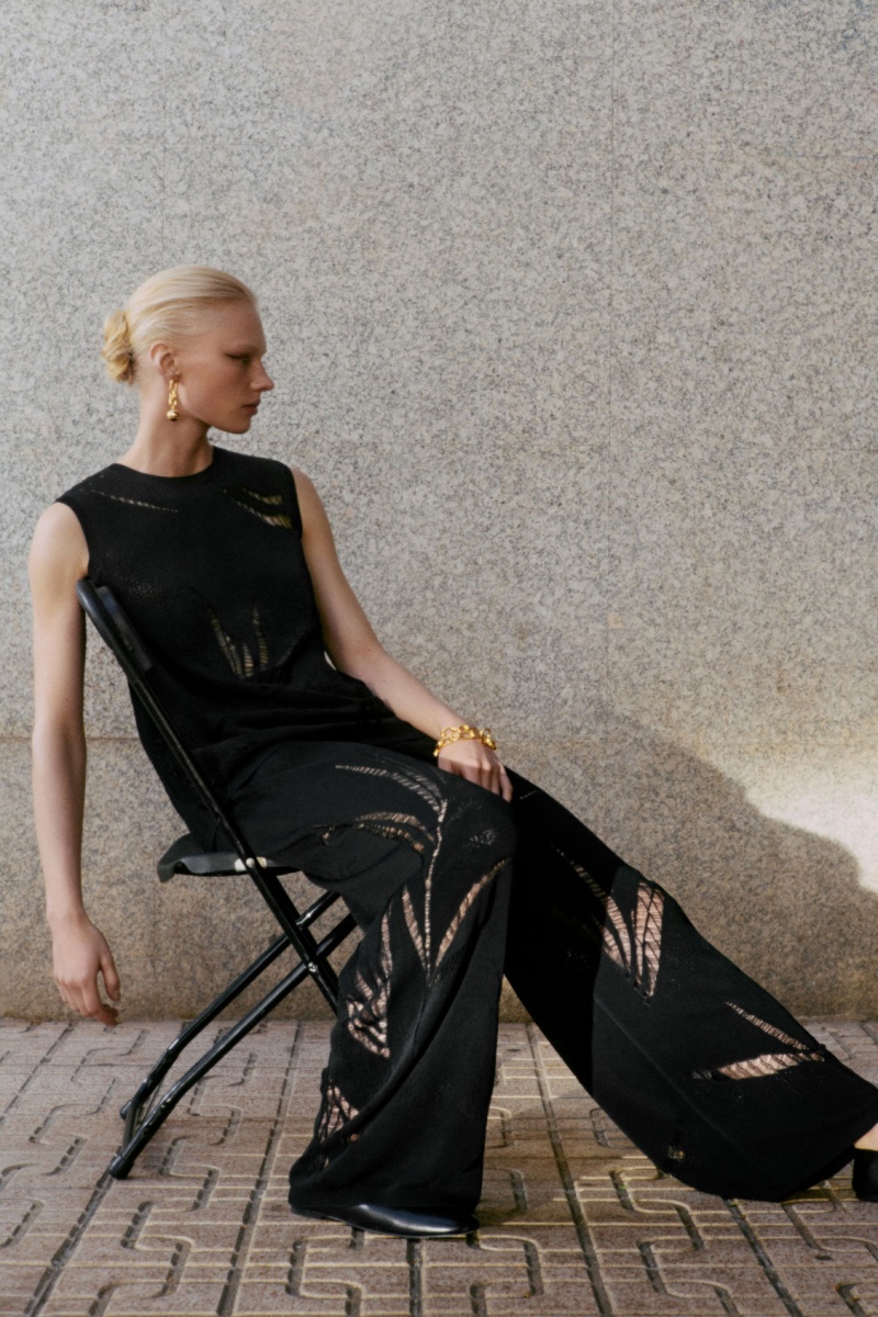 Dámské Kalhoty COS Botanical Pletené Široké-Leg Černé | UXRD-58697