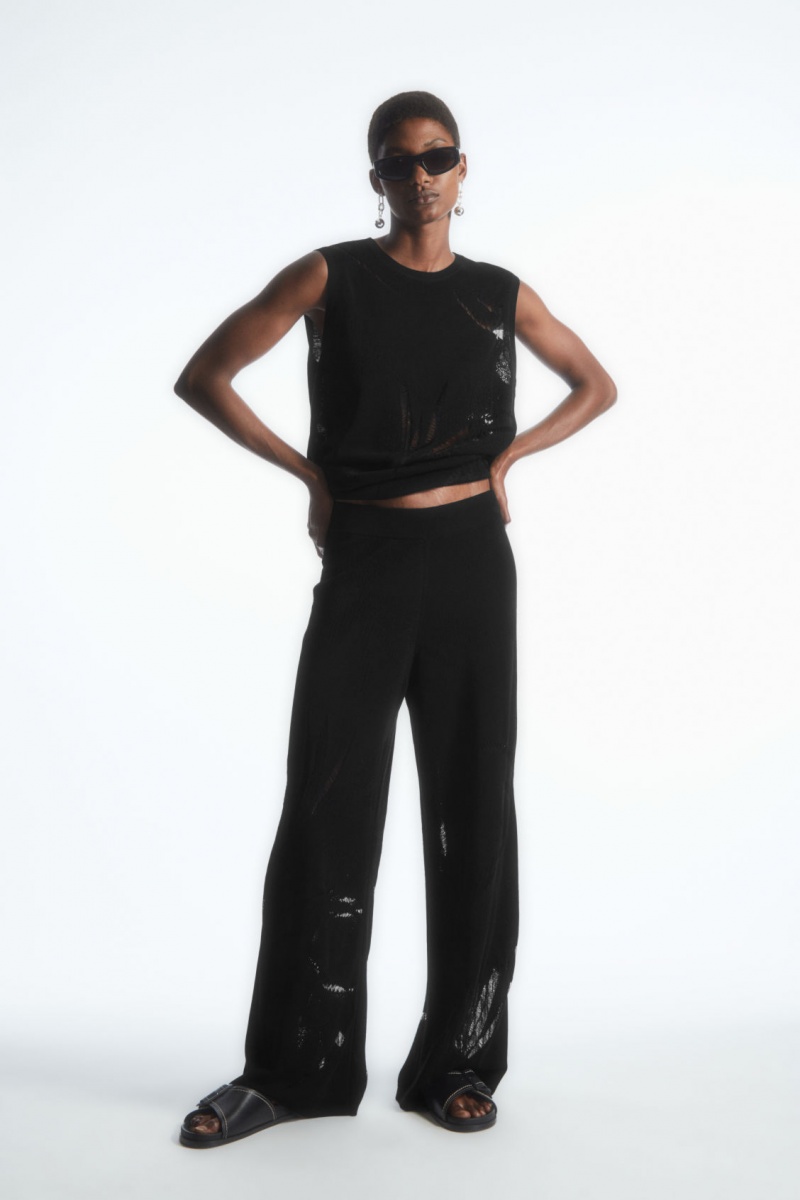 Dámské Kalhoty COS Botanical Pletené Široké-Leg Černé | UXRD-58697