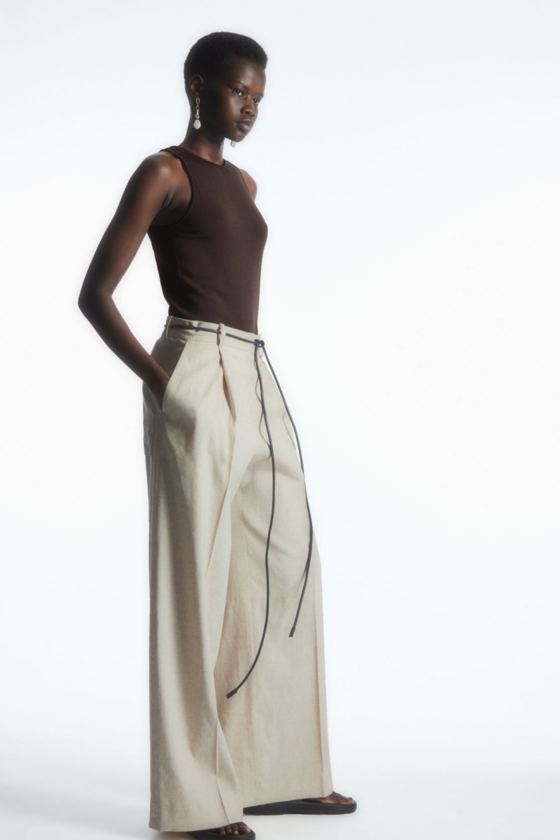 Dámské Kalhoty COS Linen-Blend Široké-Leg Tailored Béžový | ZOKR-98137