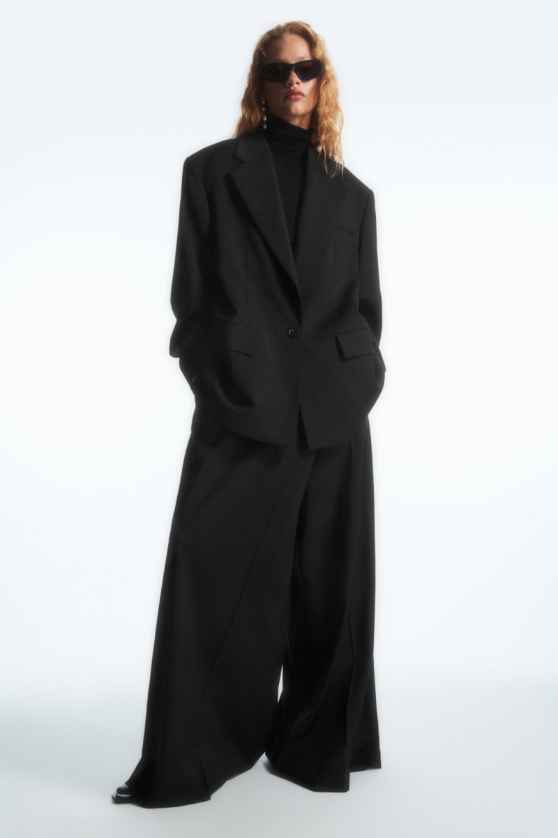 Dámské Kalhoty COS Wrap-Front Široké-Leg Vlna Černé | ETZS-03976