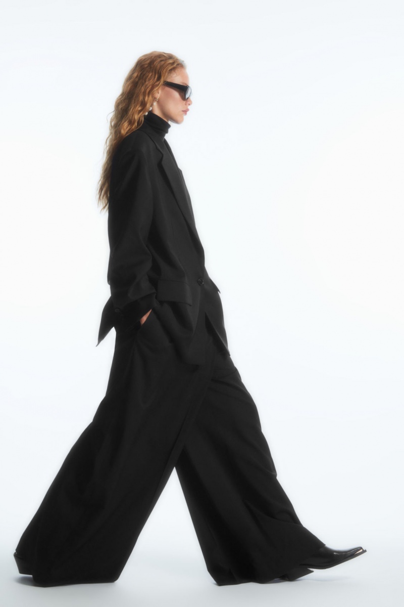 Dámské Kalhoty COS Wrap-Front Široké-Leg Vlna Černé | ETZS-03976