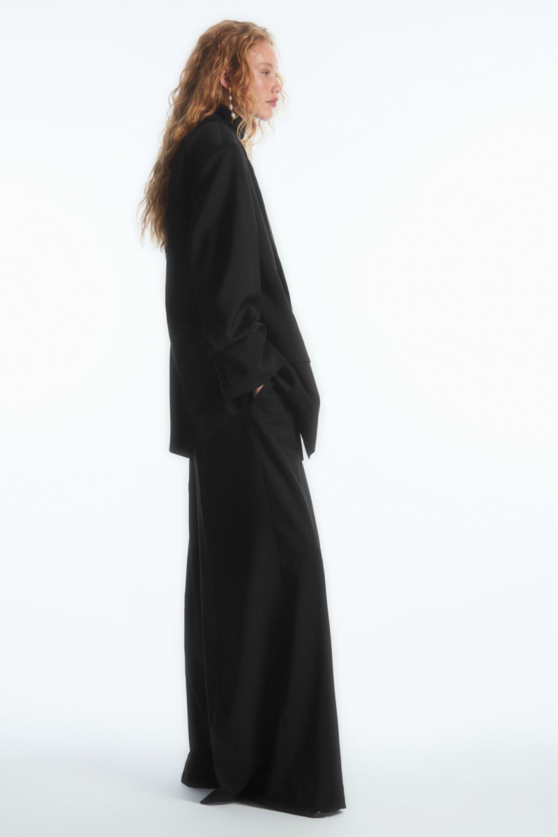 Dámské Kalhoty COS Wrap-Front Široké-Leg Vlna Černé | ETZS-03976