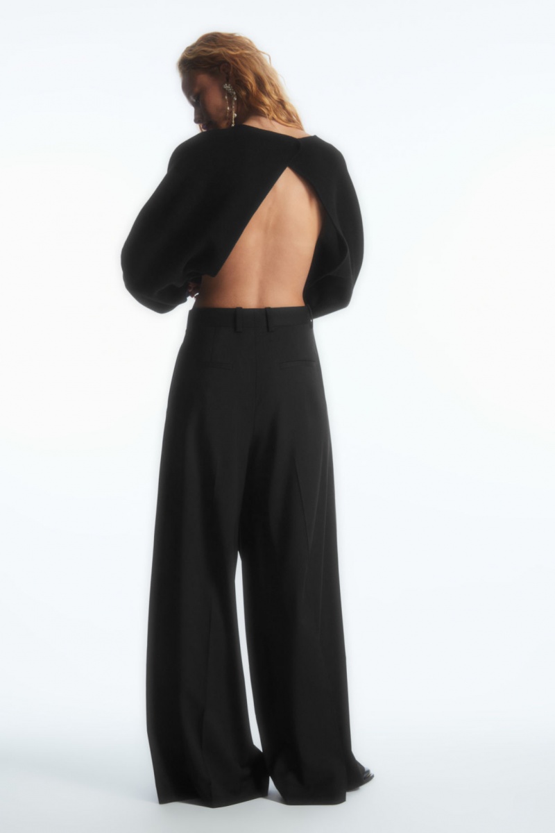 Dámské Kalhoty COS Wrap-Front Široké-Leg Vlna Černé | ETZS-03976
