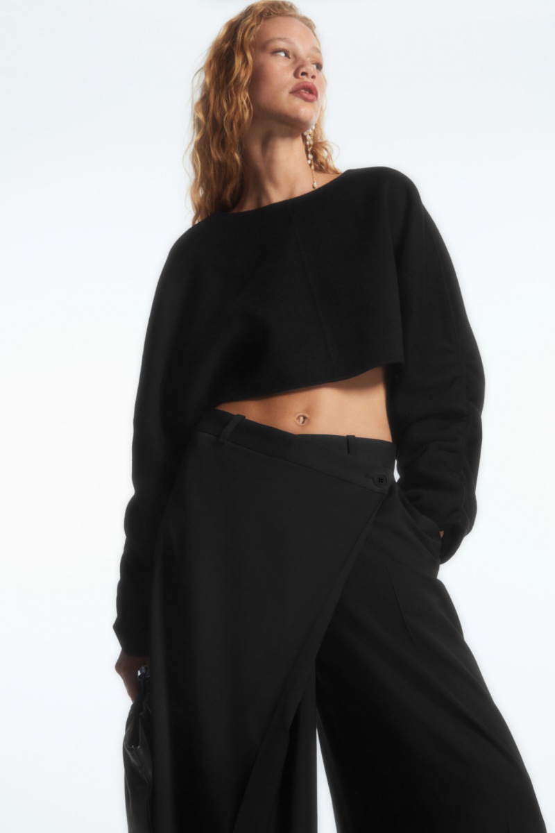 Dámské Kalhoty COS Wrap-Front Široké-Leg Vlna Černé | ETZS-03976