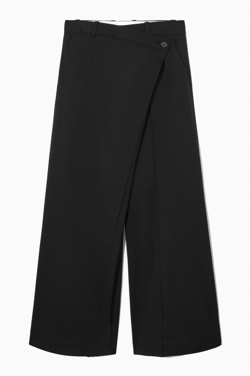 Dámské Kalhoty COS Wrap-Front Široké-Leg Vlna Černé | ETZS-03976