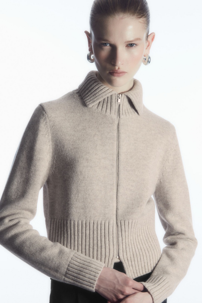 Dámské Kardigan COS Cropped Vlna Zip-Up Béžový | KYRM-02897