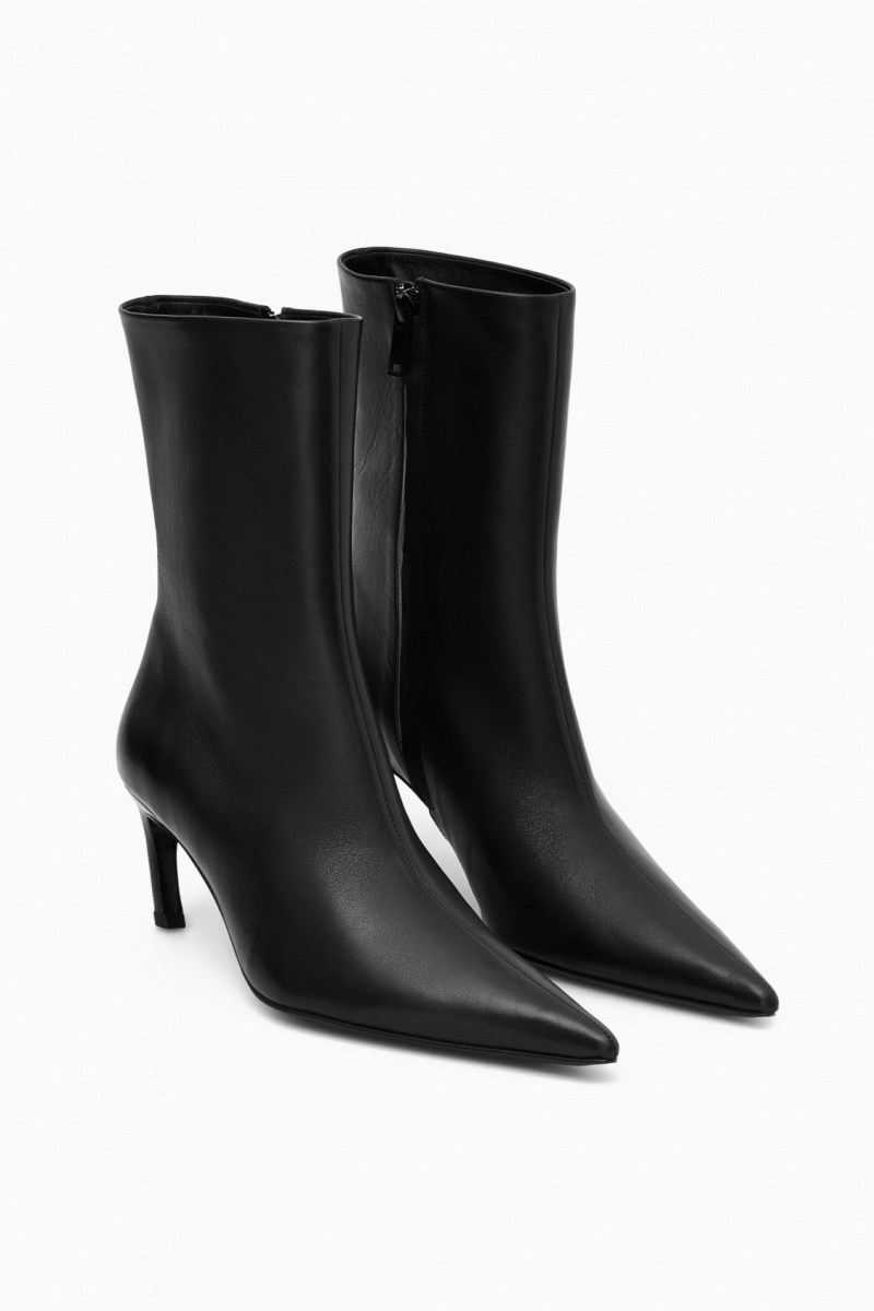 Dámské Kožené Kozačky COS Pointed Kitten-Heel Černé | BJNW-41598
