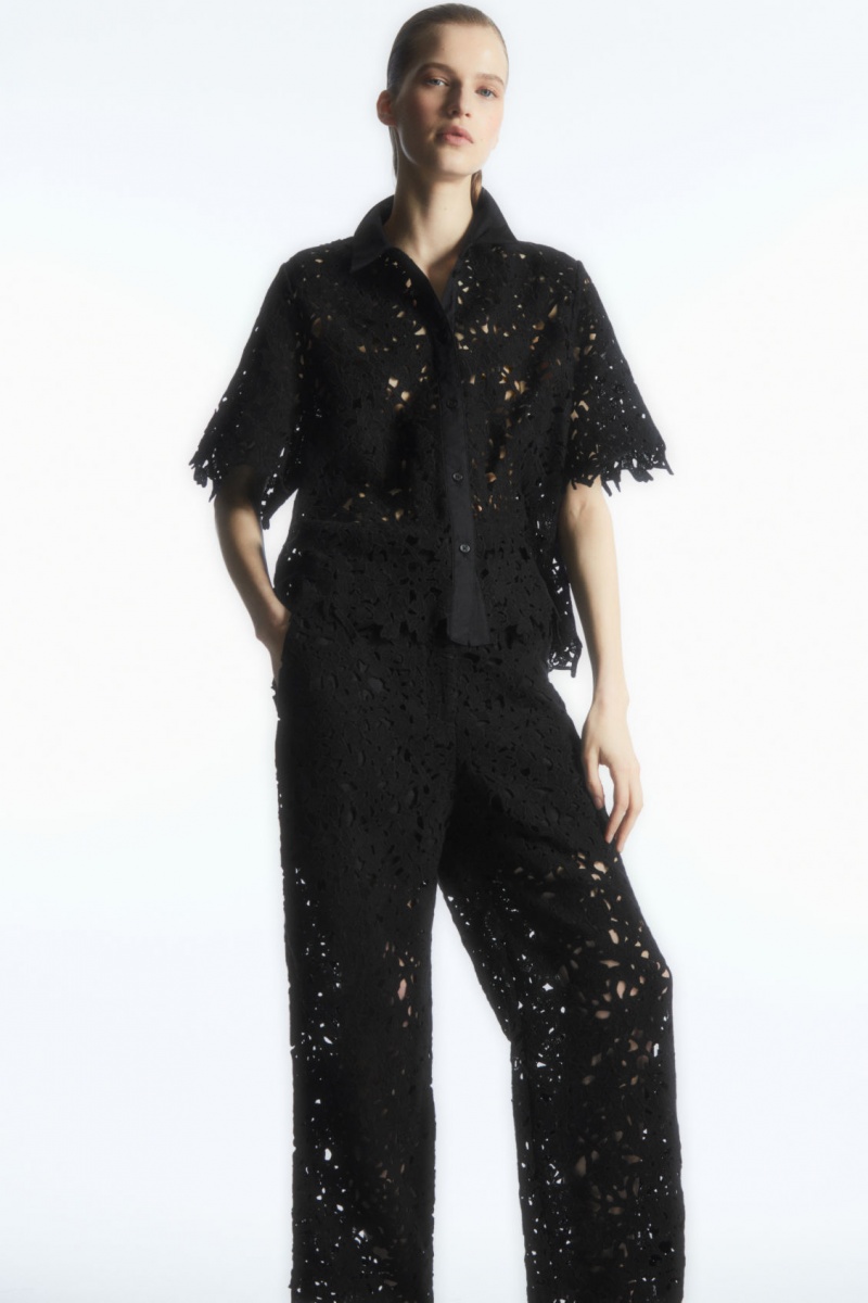 Dámské Košile COS Krátké-Sleeved Broderie Anglaise Černé | OAJH-06187