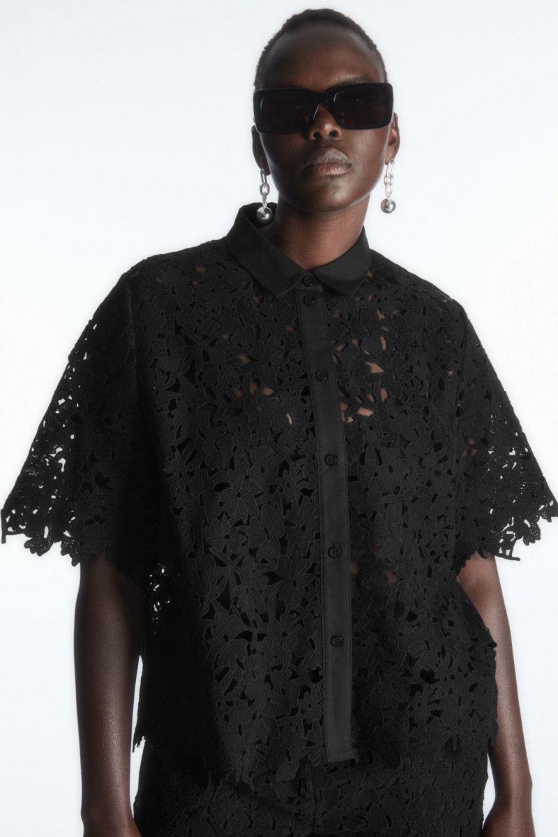 Dámské Košile COS Krátké-Sleeved Broderie Anglaise Černé | OAJH-06187