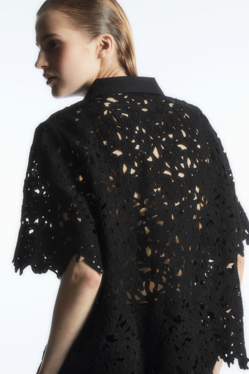 Dámské Košile COS Krátké-Sleeved Broderie Anglaise Černé | OAJH-06187