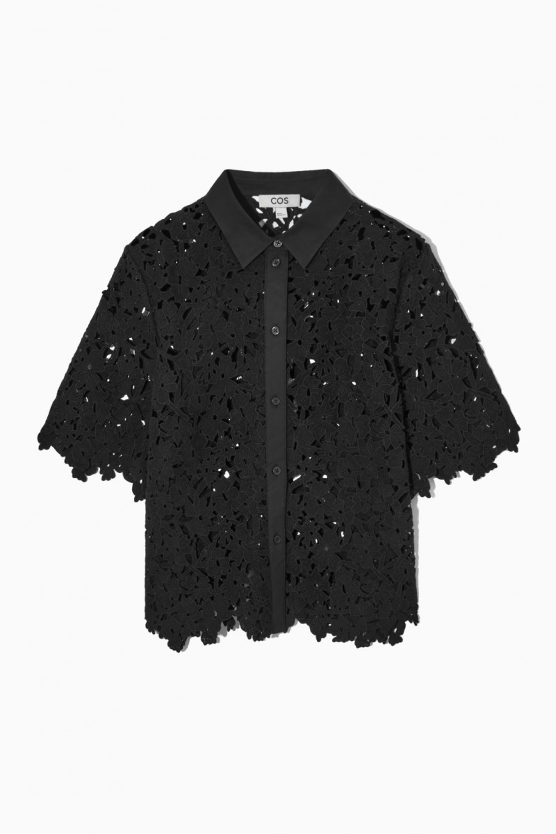 Dámské Košile COS Krátké-Sleeved Broderie Anglaise Černé | OAJH-06187