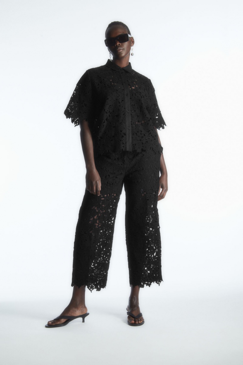 Dámské Košile COS Krátké-Sleeved Broderie Anglaise Černé | OAJH-06187
