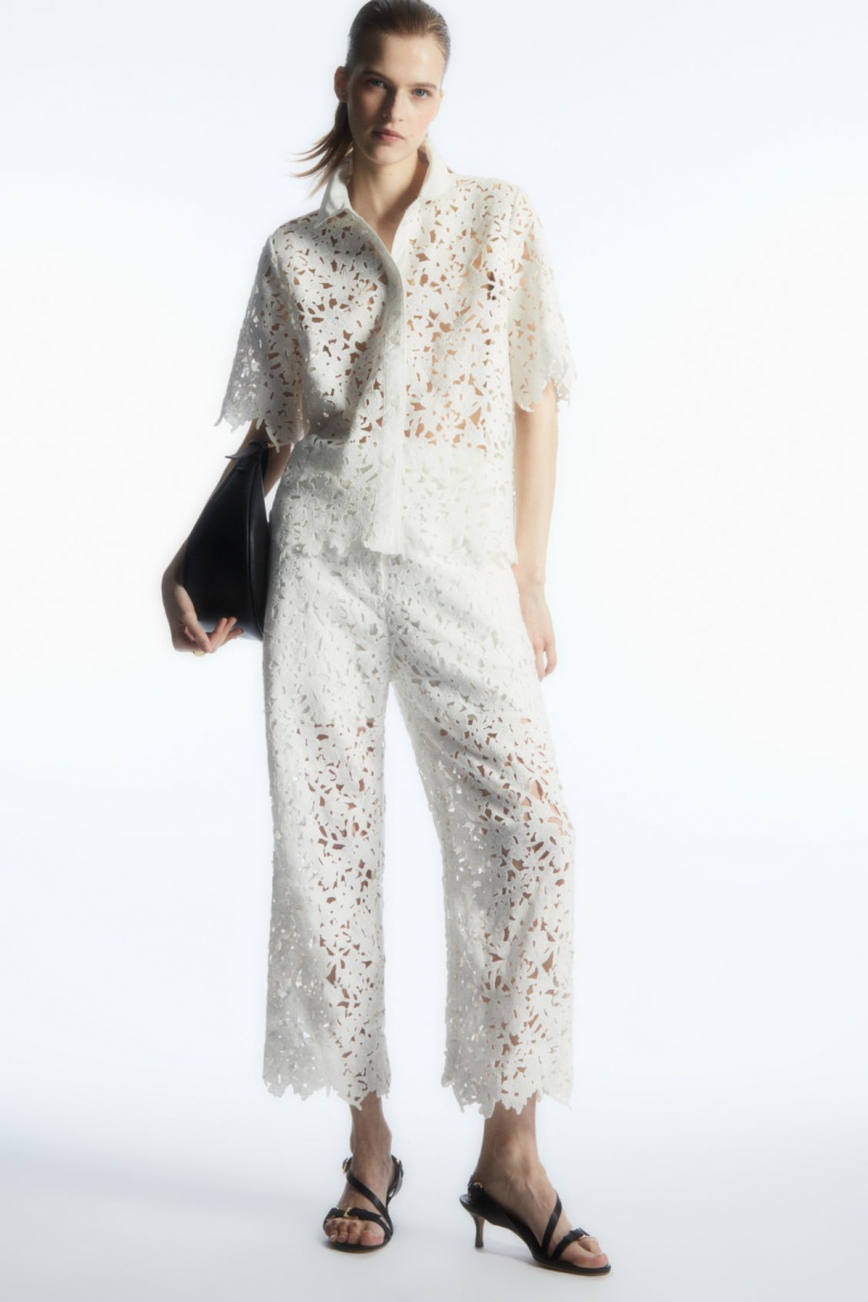Dámské Košile COS Krátké-Sleeved Broderie Anglaise Bílé | XYRZ-62508
