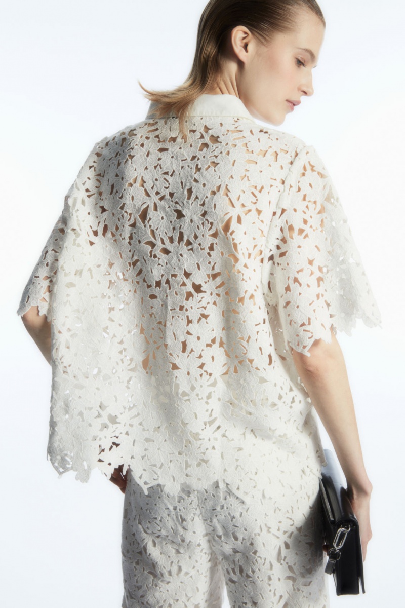 Dámské Košile COS Krátké-Sleeved Broderie Anglaise Bílé | XYRZ-62508
