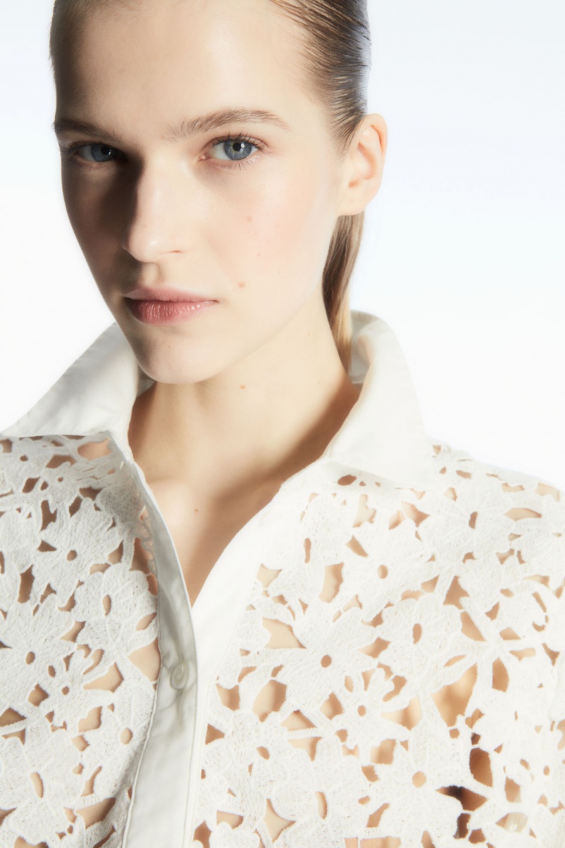 Dámské Košile COS Krátké-Sleeved Broderie Anglaise Bílé | XYRZ-62508