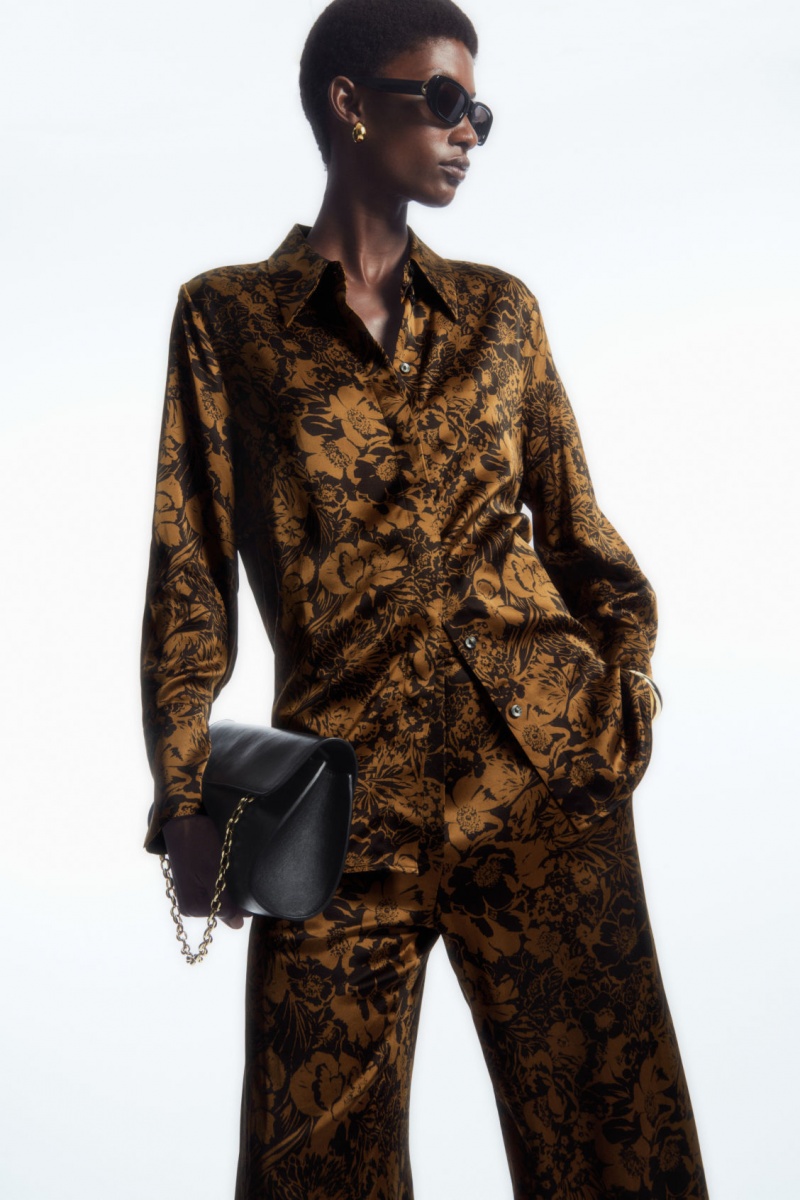 Dámské Košile COS Oversized Floral-Print Satin Hnědé | IHBC-90512