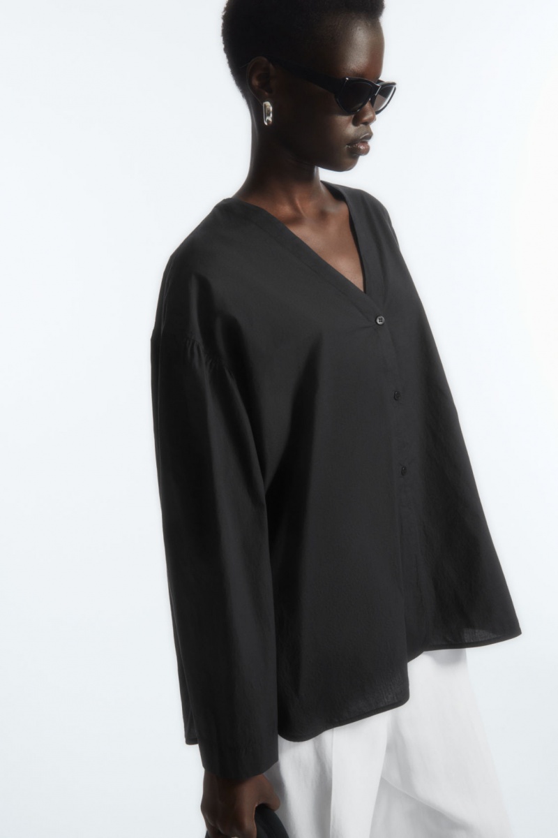 Dámské Košile COS Voluminous V-Neck Poplin Černé | ZMDN-41293