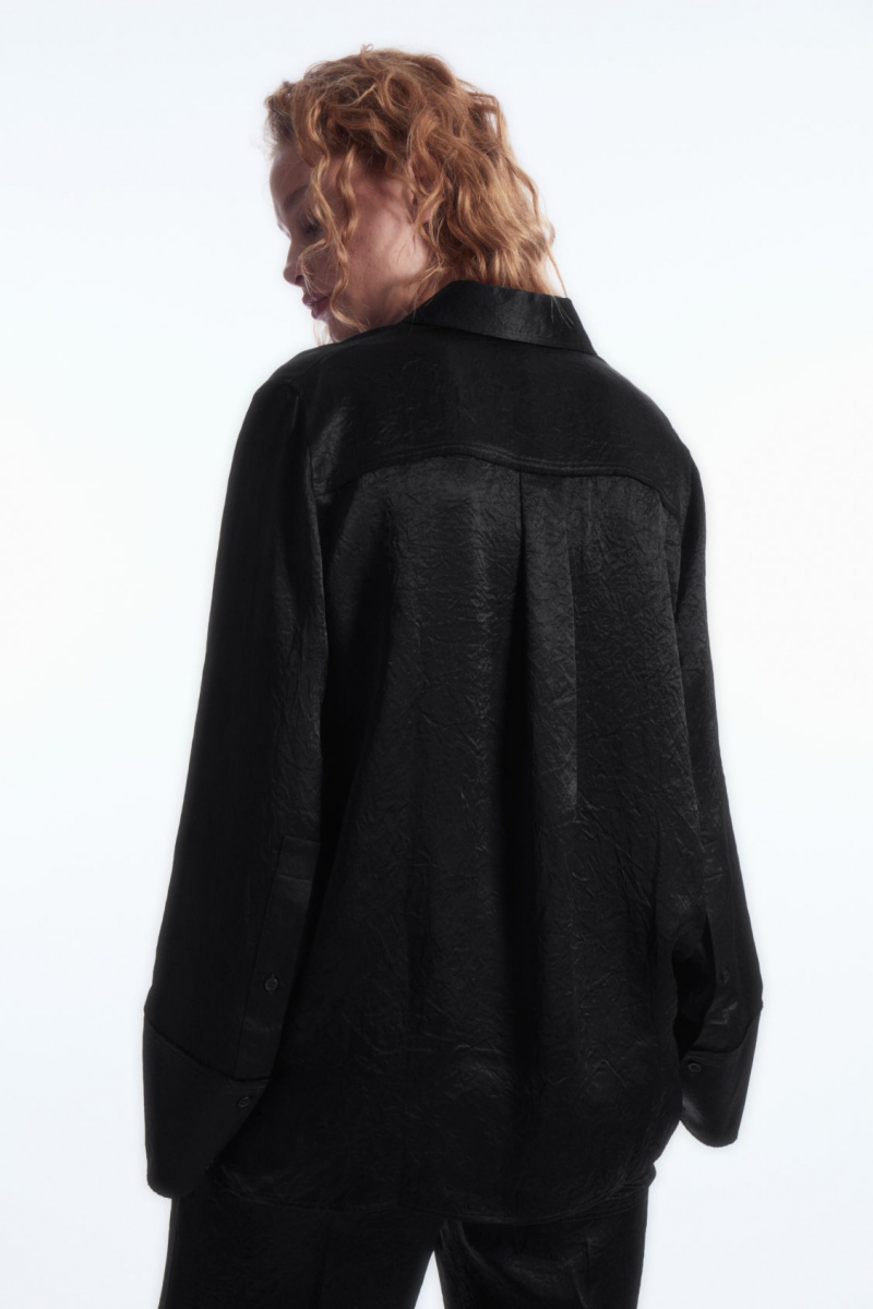 Dámské Košile COS Široké-Sleeve Crinkled-Satin Černé | AIHD-08236